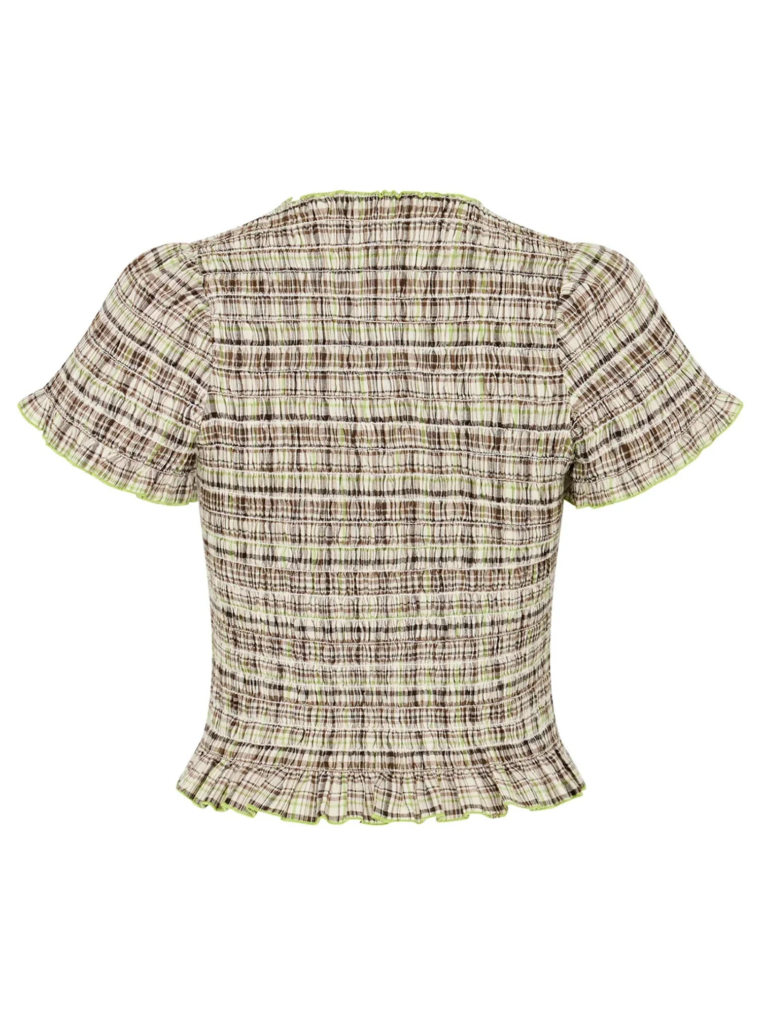 Women Casual Summer Plaid Print Shirred Tops Slim Mock Neck Short Sleeve Crop Ruffle T-shirts Streetwear