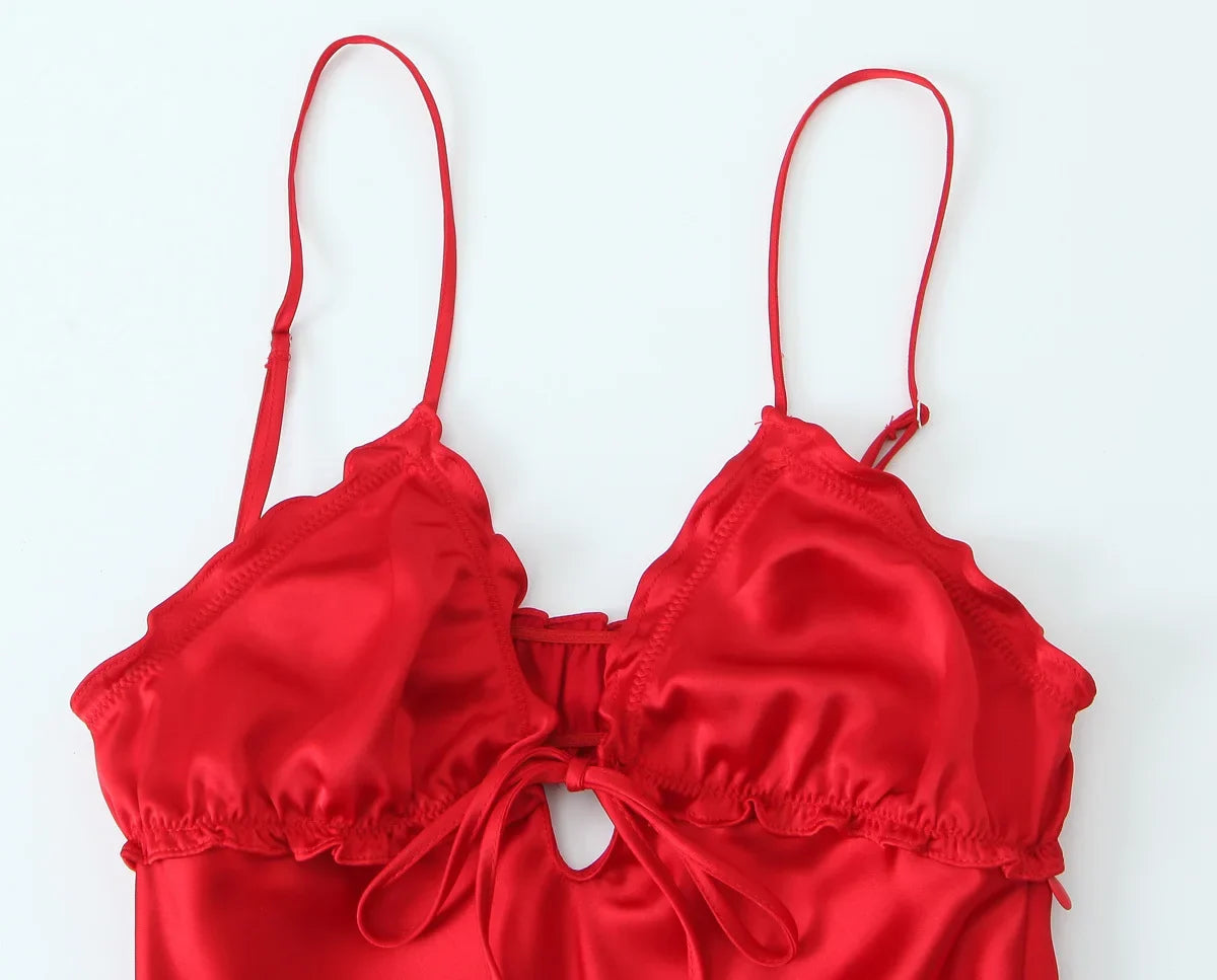 Foridol Ruffles Tie Up Satin Dress Women Elegant Maxi Long Summer Party Dress Spaghetti Strap Red Sexy Sundress Vestidos 2025