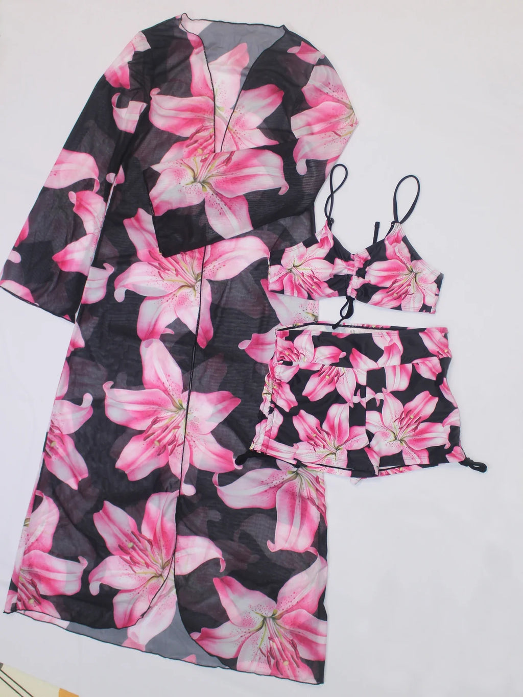 3-Piece Set Bohemian  Print Beach Sunshade Clothing Women's Drawstring Swimsuit Shorts Comfortable Summer Vacation Swimwear