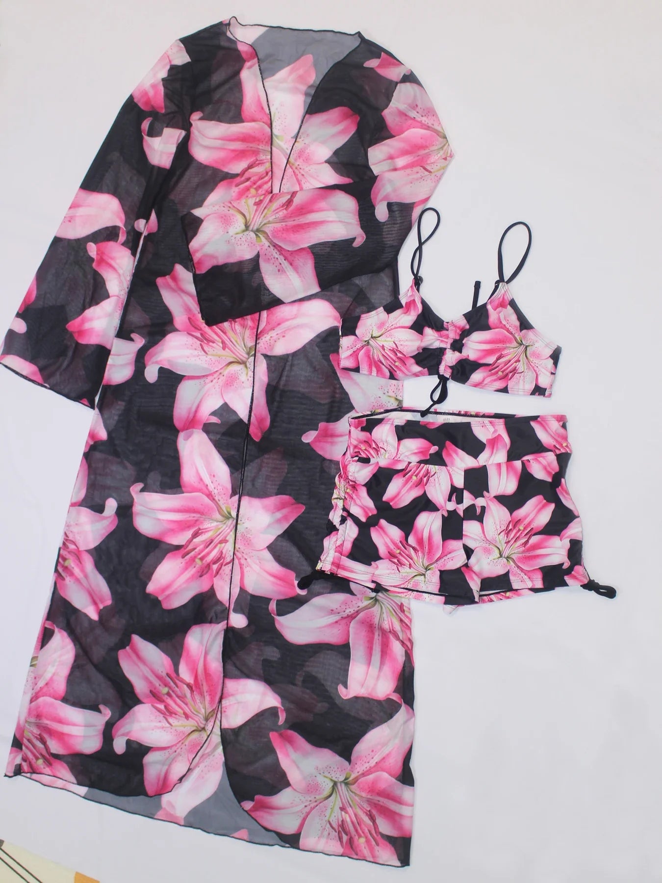 3-Piece Set Bohemian  Print Beach Sunshade Clothing Women's Drawstring Swimsuit Shorts Comfortable Summer Vacation Swimwear