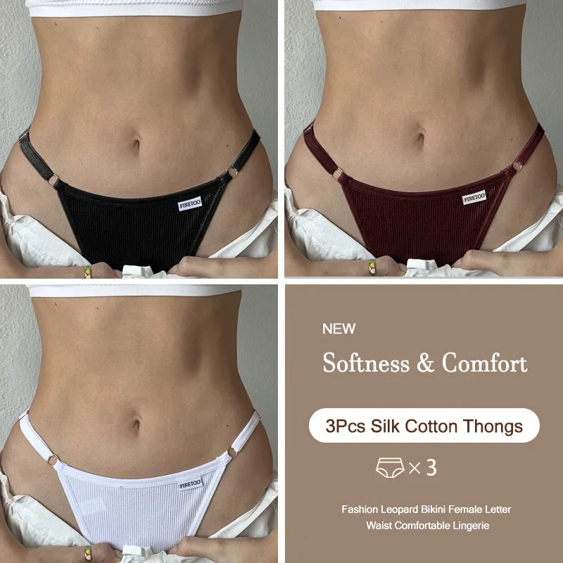 3PCS Women's Panties Cotton Thongs Adjustable Waist Sexy G-String Solid Color Seamless Intimate Female Underpants Lingerie S-XL