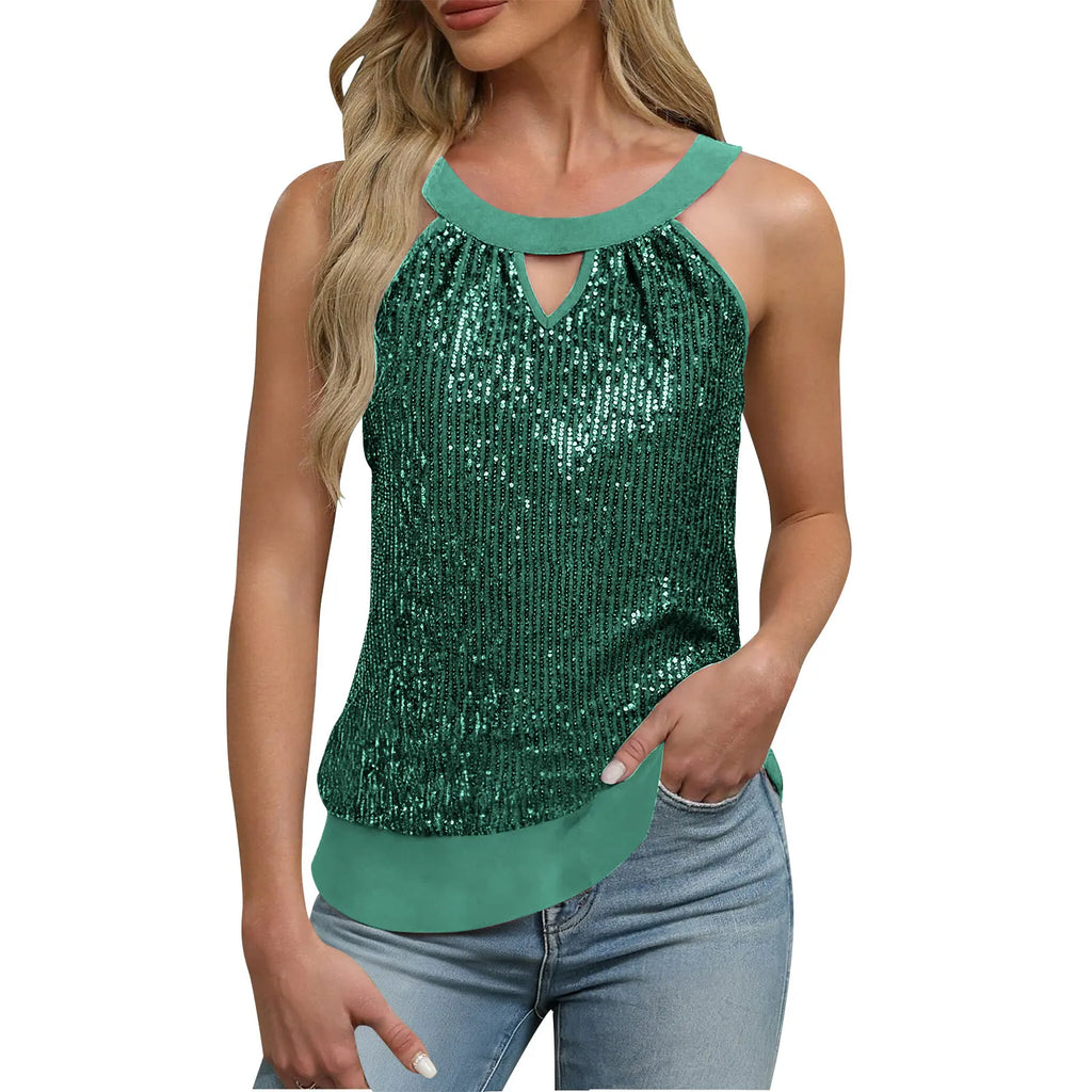 Women's Sequin Glitter Tank Tops Sleeveless Crew Neck Slim Fit Camisole For Holiday Backless Bow Tie Streetwear Party Club Vest