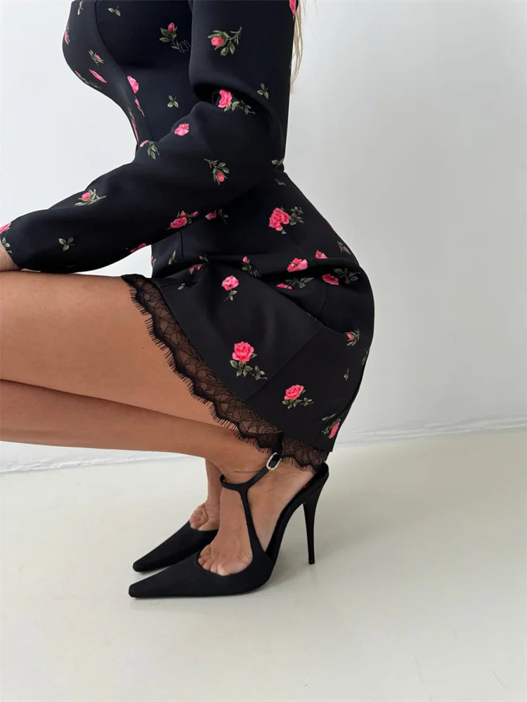 Ahagaga Elegant Women's Mini Dresses Print Heart-shaped Cutout Slim Fit A-Line Regualr Long Sleeves Trend O-Neck Lace Patchwork