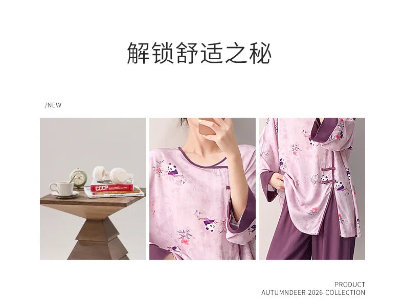 Plus size mother's cotton silk pajamas spring and summer new Chinese style can be worn outside home clothes Mother's Day gift