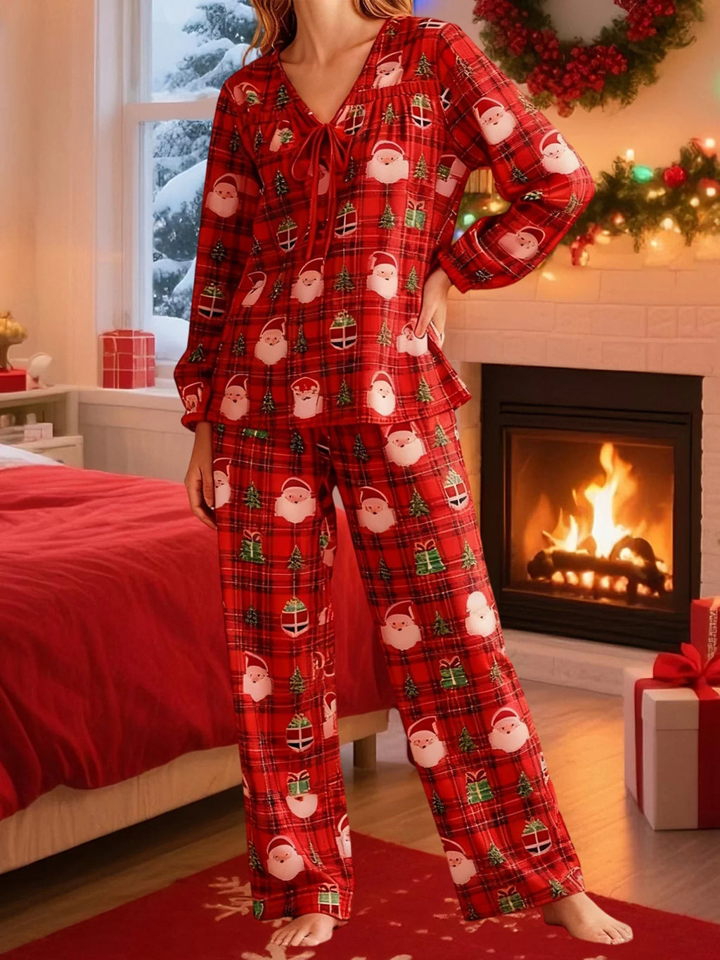 Women Christmas Pajamas Long Sleeve Tie-up V Neck Tops and Pants Loose Fall Winter Two Piece Loungewear