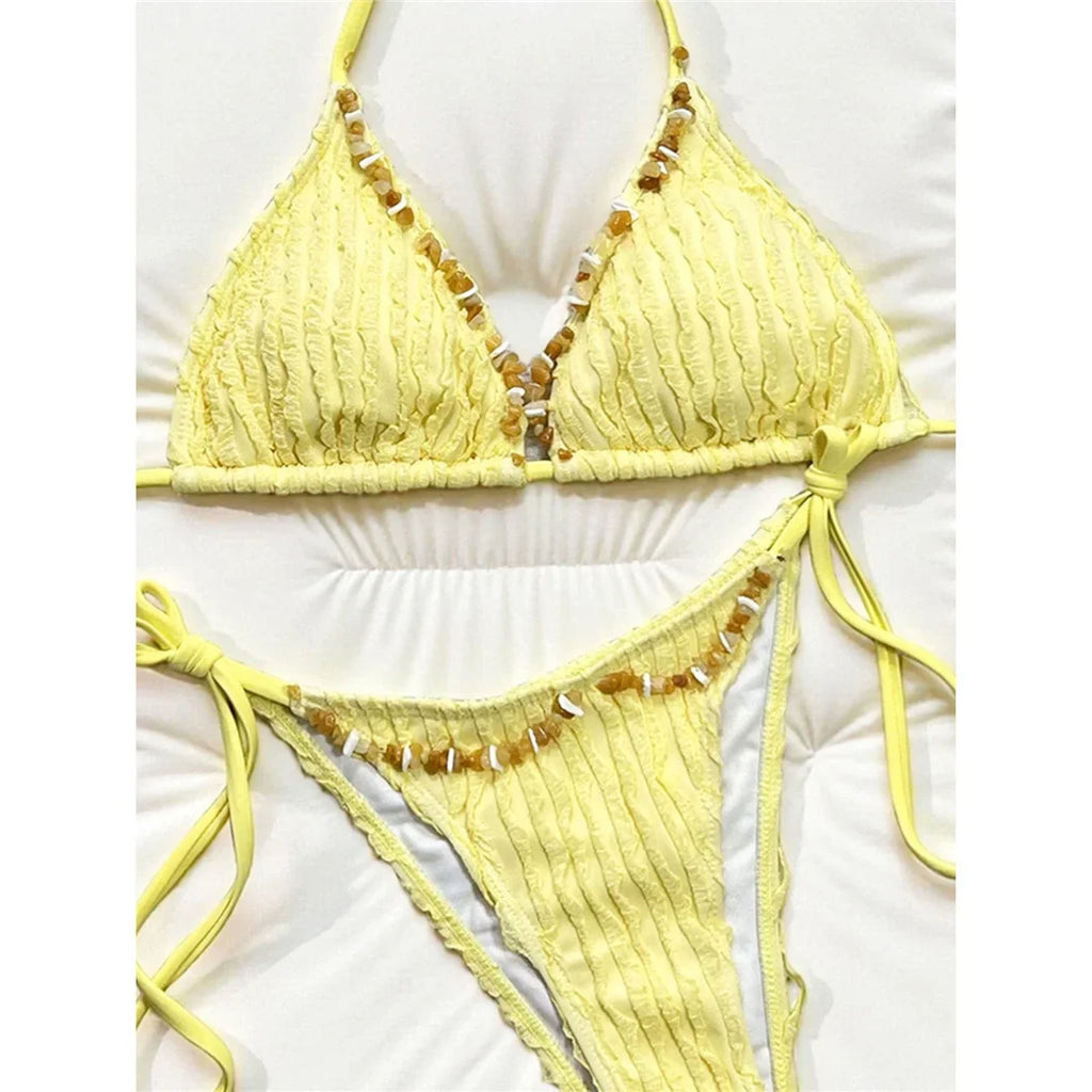 2026 Wrinkled Crinkled Halter Bikini Women Swimwear Female Swimsuit Strappy Bather Bathing Suit Swim Two-pieces Bikini set K8057
