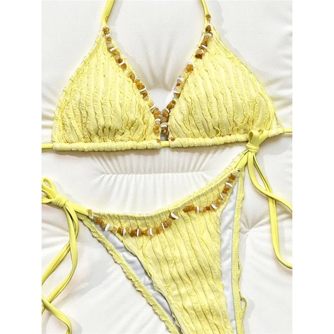 2026 Wrinkled Crinkled Halter Bikini Women Swimwear Female Swimsuit Strappy Bather Bathing Suit Swim Two-pieces Bikini set K8057