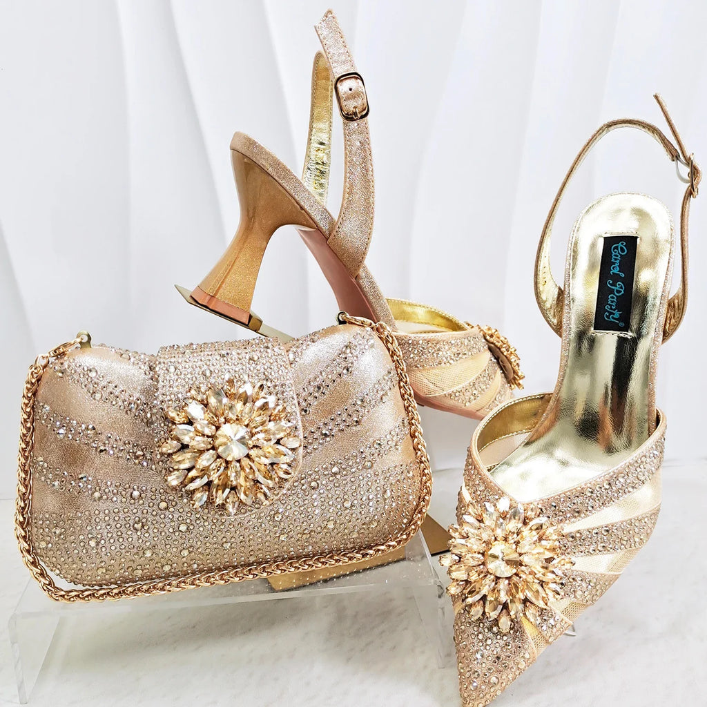 Doershow beautiful Italian Shoes And Bag Sets For Evening Party With Stones Italian Leather Handbags Match Bags!  HC1-1