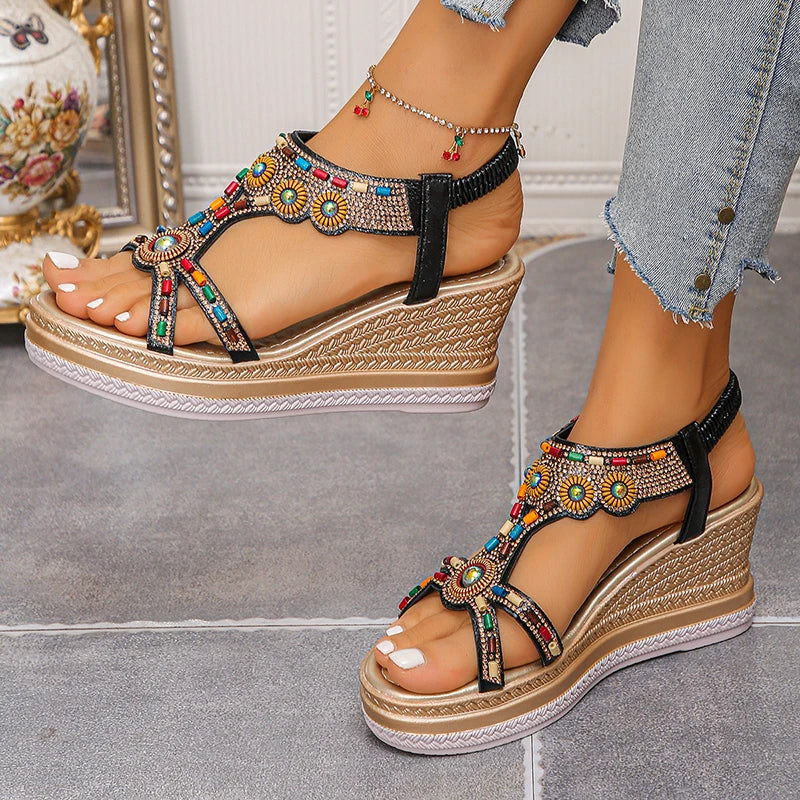 National Wind Beaded Wedge Heels Sandals Women Chunky Platform Slip On Gladiator Sandals Woman Plus Size 43 High Heel Sandalias