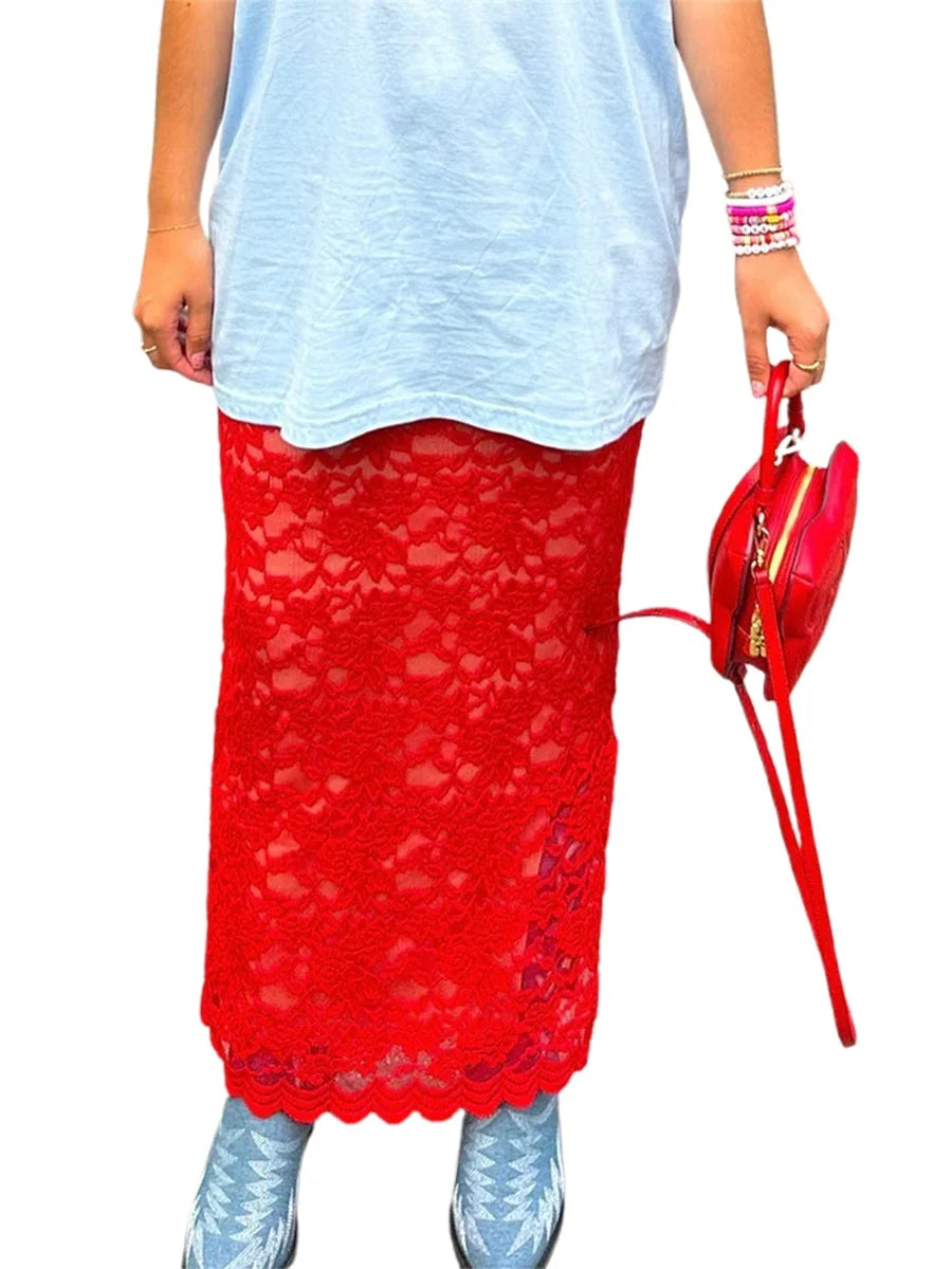 Women's Summer Lace Long Skirts Elegant Low Waist Solid Color See-Through Midi Skirts Slim Fit Skirts