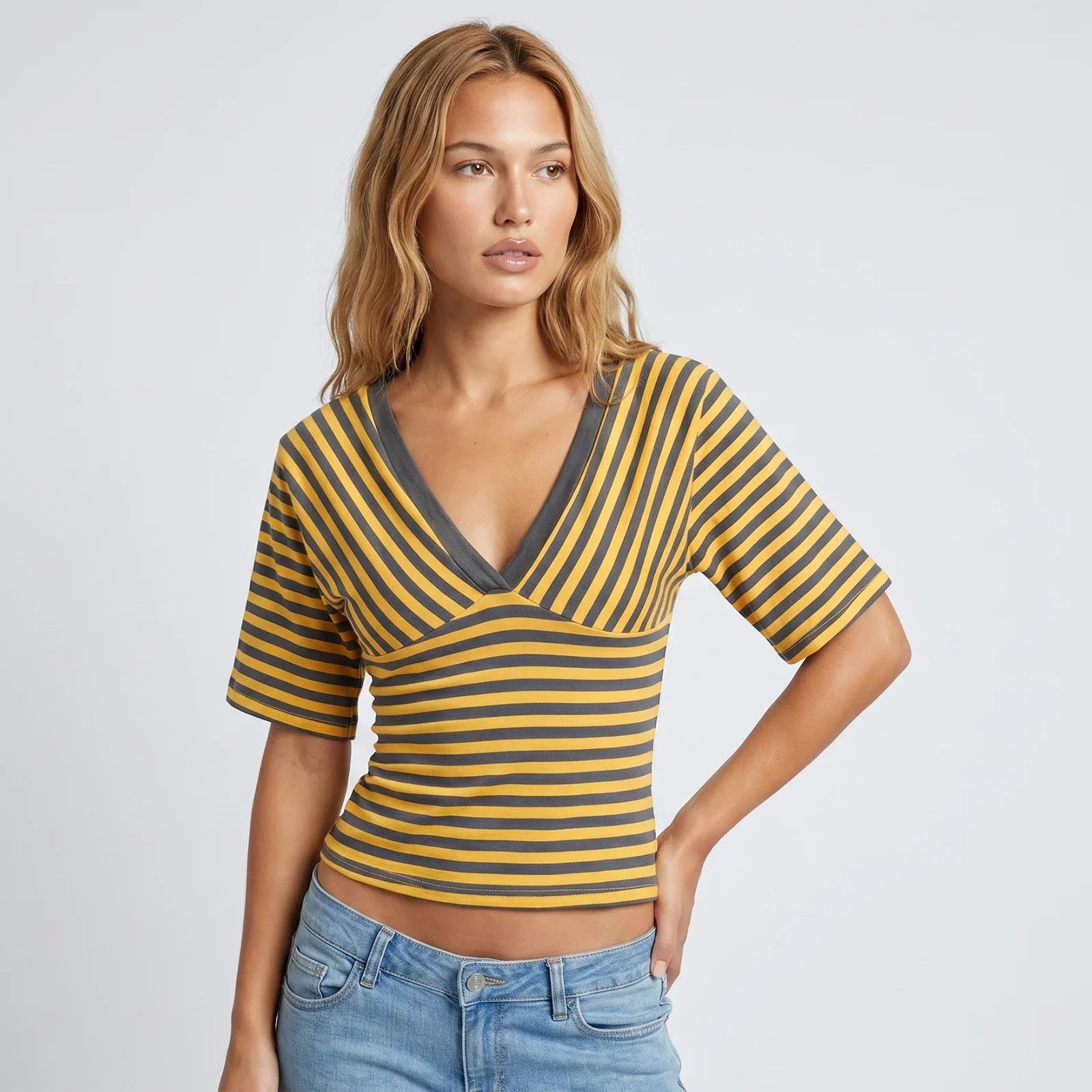 Womens Striped T-shirt Deep V Neck Short Elbow Sleeve Corset Tops 2026 Summer Casual Retro Stylish Shirts