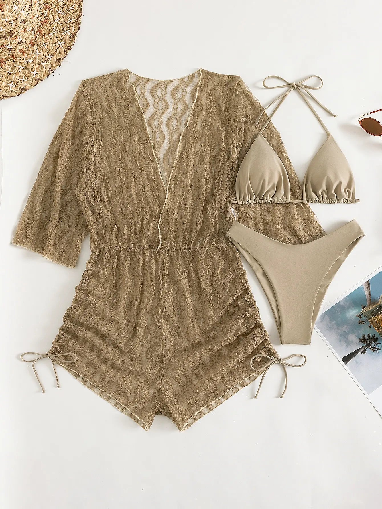 3 Pieces Bikini Tropical Print Swimsuit Halter Drawstring Side Swimwear Women 2026 Bathing Suit Female Swimming Summer Beachwear