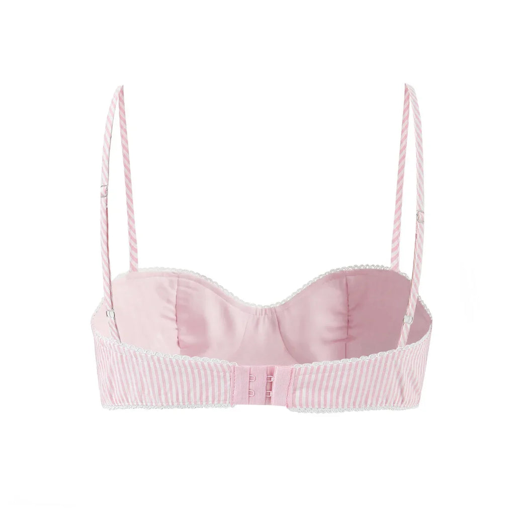 Striped Bra For Women Straps Lace Trim Sweetheart Neckline Lightly Padded Cups Cotton Fabric For Stylish Style Girl Elegant 4UU5