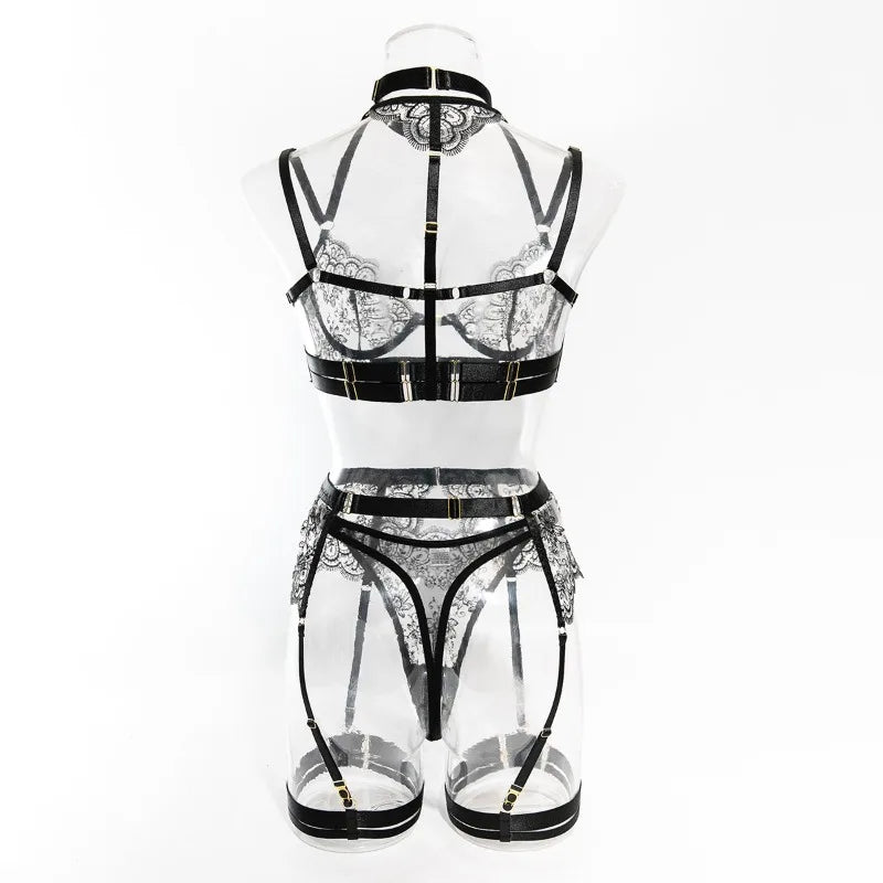Toucheart 5 Piece Sexy Embroidery Underwear Set for Women Mesh Patchwork See-through Halter Underwear Garters Sexy Lingerie Set