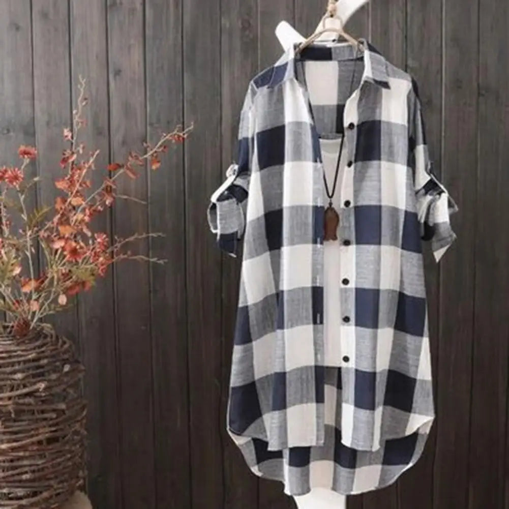 Long Sleeve Lapel Oversized Shirts Women Shirt Plaid Print Irregular Hem Single-breasted Soft Breathable Lady Long Top