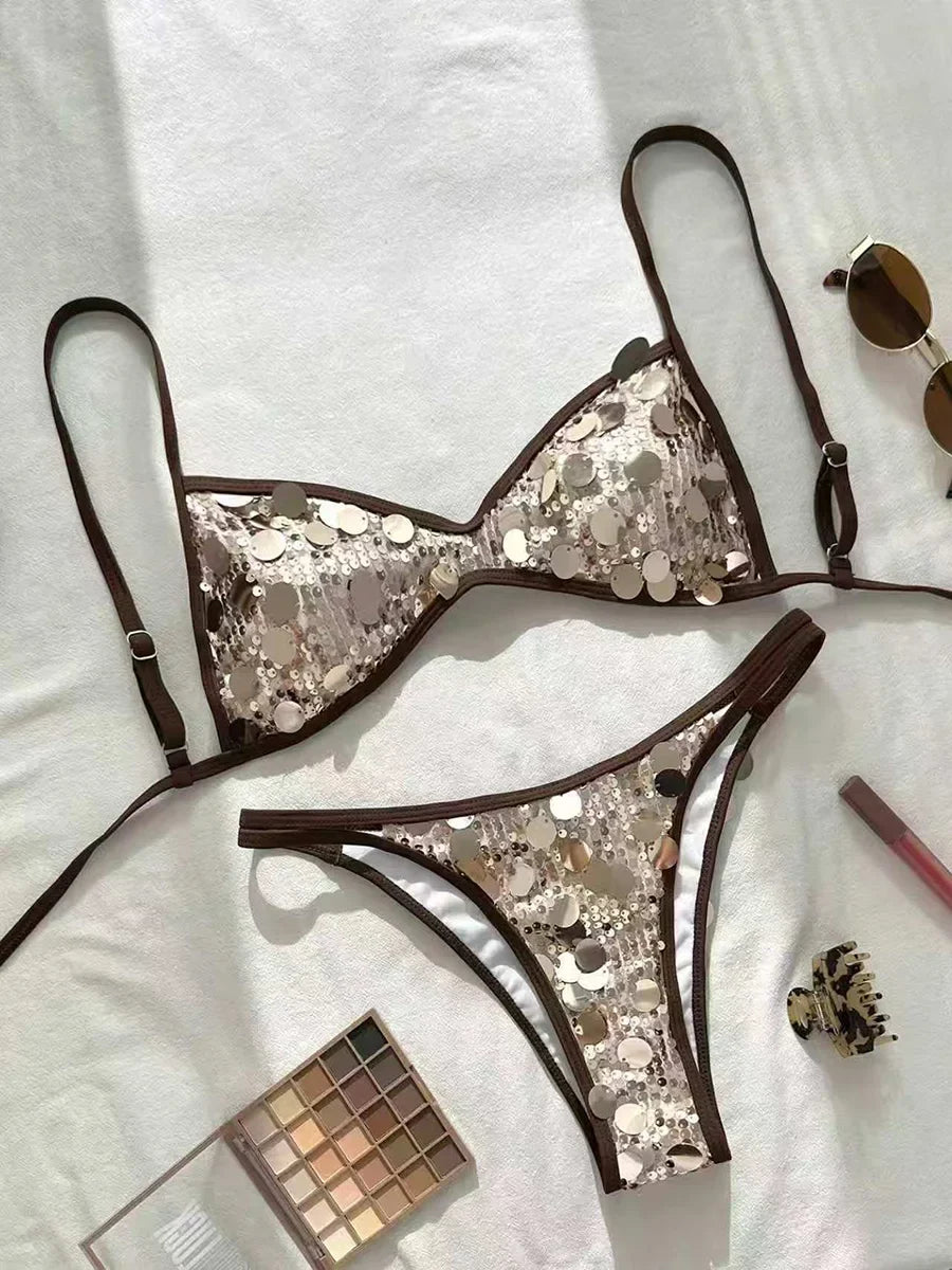 Glitter Sparkling Squins Halter Bikini Women Swimsuit Female Swimwear Two-pieces Bikini Set High Leg Cut Bathing Suit Swim Lady