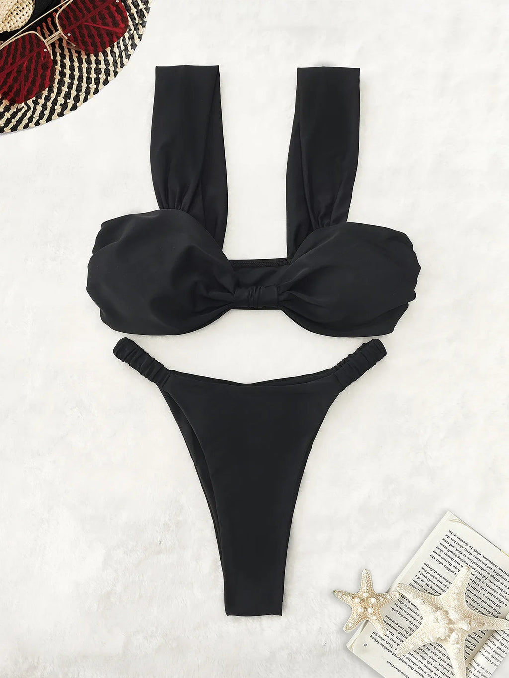 2026 Swimwear Women Halter Low Cut Bikini Set Solid Pleated Split Swimsuit Sexy Thongs Summer New Holiday Bathing Suit