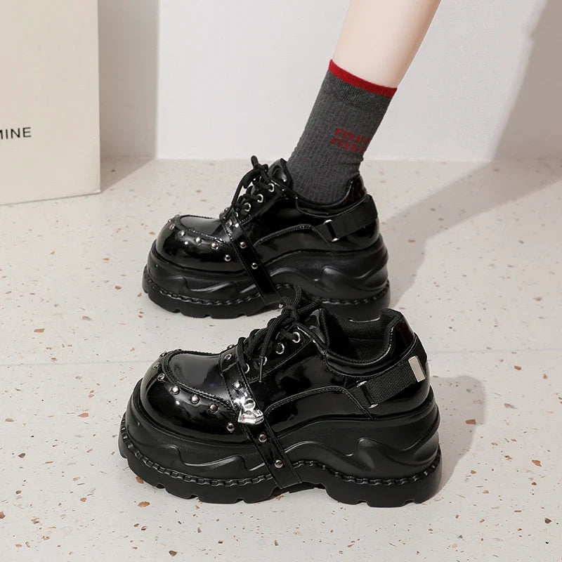 2026 Chunky Platform Punk Sneakers Women Belt Decor Lace Up Thick Bottom Vulcanized Shoes Woman Heighten Rivets Goth Shoes Mujer