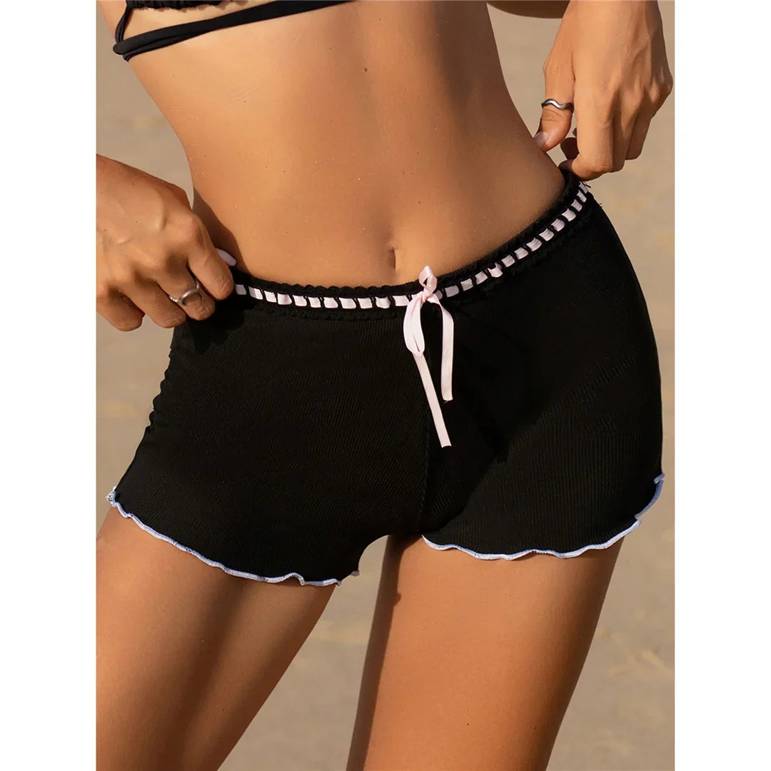 XS - L Bow Mini Shorts Ribbed Bikini Bottom Swim Brief Women Swimwear Female Bather Brazilian Tanga Panties Underwear V6538