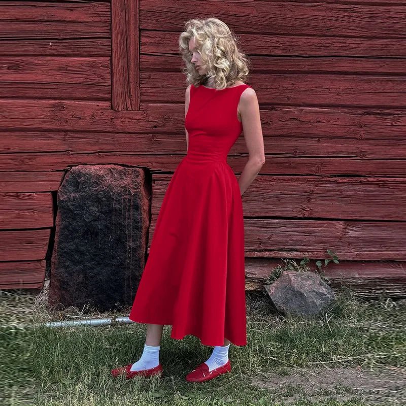 Chic Elegant O-neck Sleeveless Backless A-line Long Dresses Red Black 2026 Summer High Waist Tunics Zip-up Party Evening Dress
