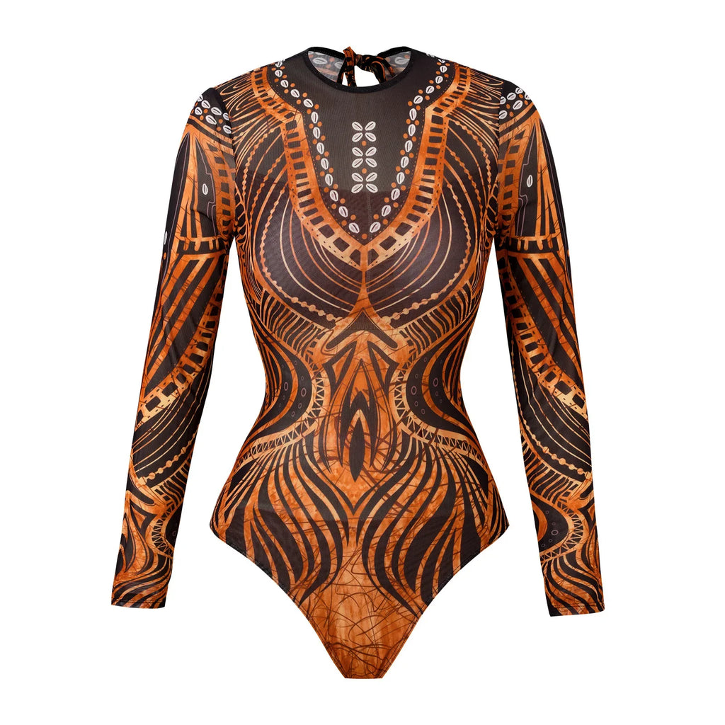 2025 Sexy Women's Retro Print Scoop Neck Padded Long Sleeve One Piece Swimsuits High Cut Bathing Suits Swimwear Bodysuit