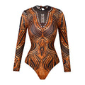 2025 Sexy Women's Retro Print Scoop Neck Padded Long Sleeve One Piece Swimsuits High Cut Bathing Suits Swimwear Bodysuit