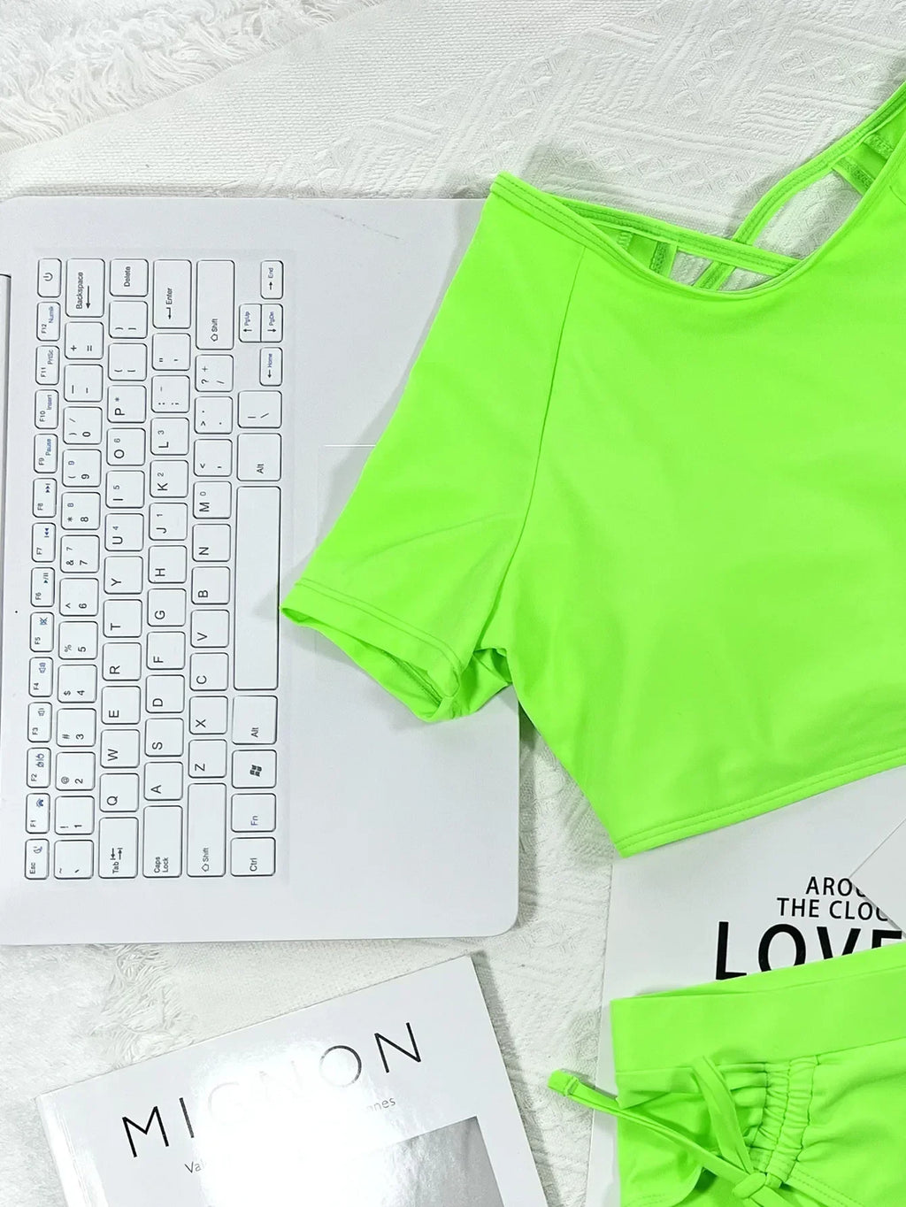 2026 New Sexy Two Piece Swimsuit Swimwear Women Fluorescent Green Hollow Straps High Waist Bathing Suit Beachwear Short Sleeve