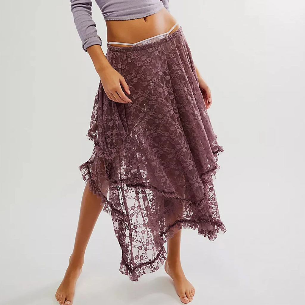 Women's Solid Color Midi Skirts Lace Elastic High Waist Skirts Spring Summer Sweet Irregular Hem Casual Skirts