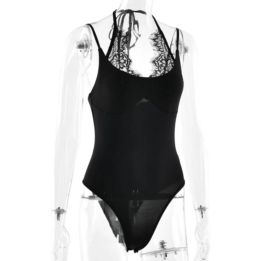 FDYOUI Women Sexy Sleeveless Lace Patchwork Pink Bodysuits 2026 Summer Halter Lace-up Backless One Piece Party Club Jumpsuit Top