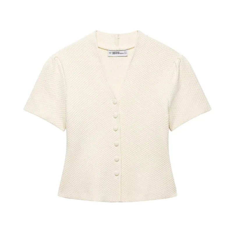 Women's Fashion Casual Structured Knit Jacket Women Beige V Neck Short Sleeve Textured Knit Cardigan Button Front Top Charm 17M0