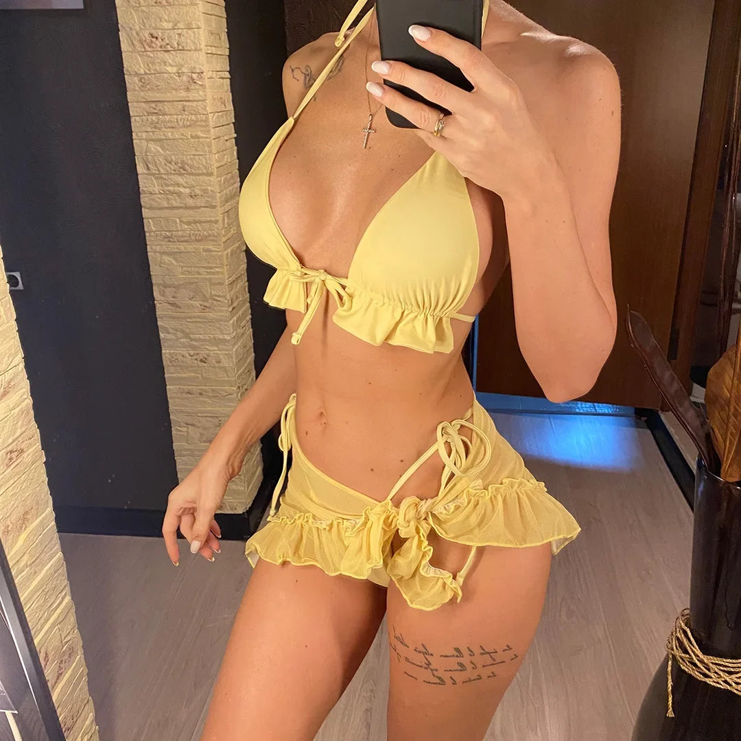 New With Sarong Halter Ruffled Bikini Women Swimwear Female Swimsuit Three-pieces Bikini Set Bather Bathing Suit Swim Lady V4144