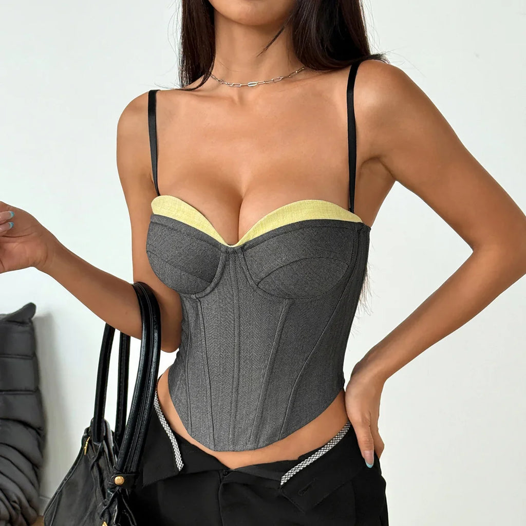 Fashion Retro Gray Splicing Tank Top Women Sexy Patchwork Slim Fit Fishbone Corset Elegant Bustier Hot Girl Party Club Tops Vest