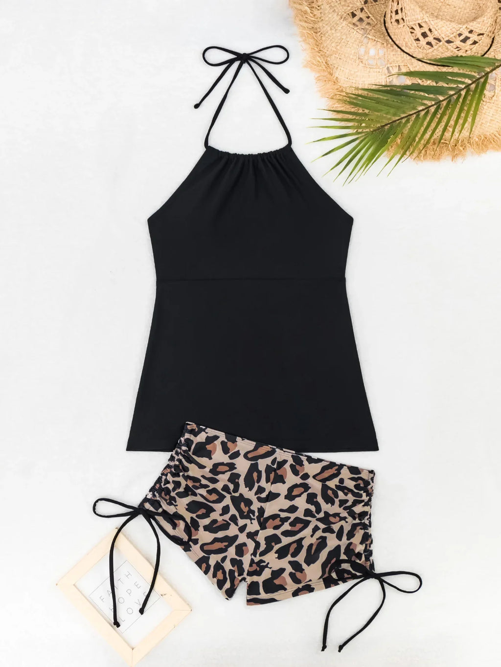 2026 Women's Bikini 2-piece Swimwear Tankini Set Sexy Halter Black Bathing Suit  Floral Print Drawstring High Waist Swimsuit