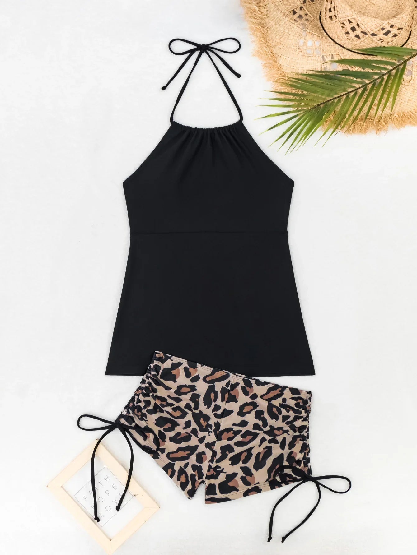 2026 Women's Bikini 2-piece Swimwear Tankini Set Sexy Halter Black Bathing Suit  Floral Print Drawstring High Waist Swimsuit