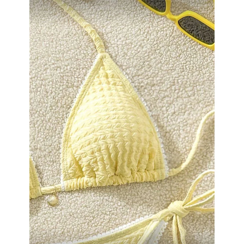 High Cut Leg Two-Pieces Bikini Set Bather Bathing Suit Swim Wrinkled Crinkled Halter Bikini Women Swimwear Female Swimsuit M125