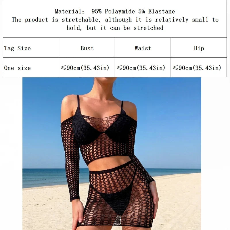 1 Set Women Long Sleeve See-Through Fishnet Cover Up Hollow Out Tassel Bodycon Beachwear Dress