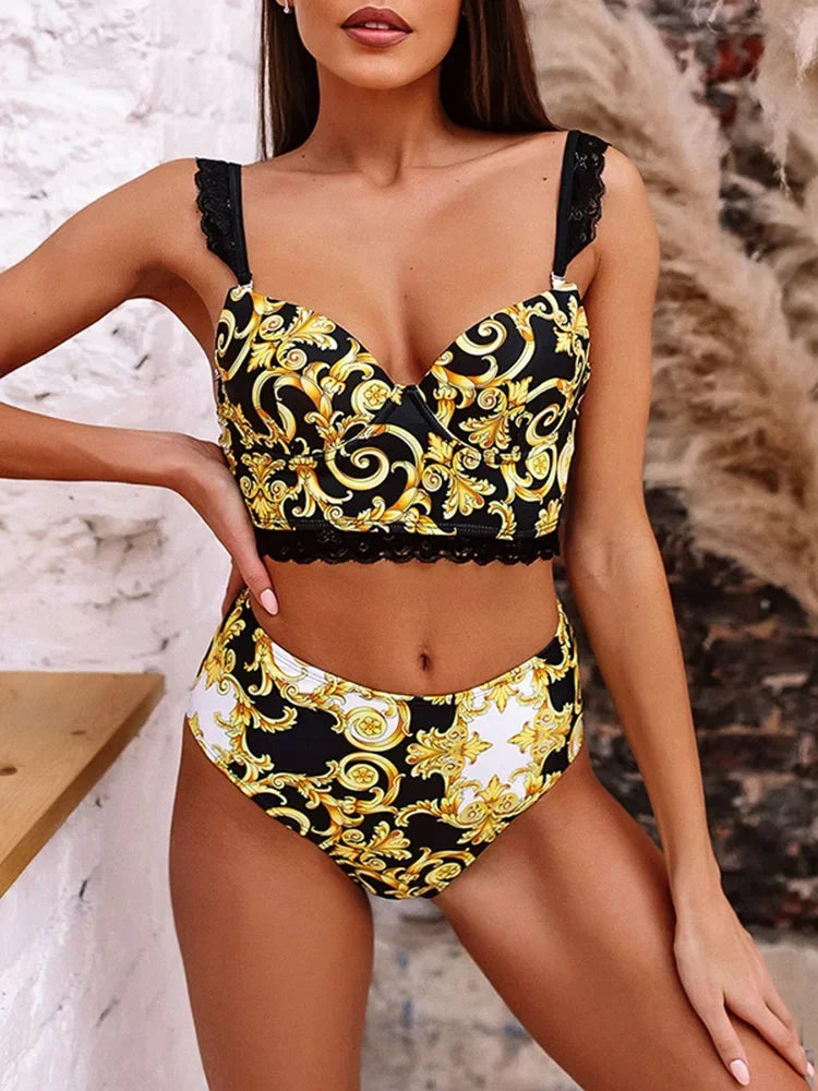Printed Bra Cup Bandeau Bikinis Female Swimsuit High Waist Bikini Women Swimwear Two Pieces Bikini Set Push Up Bathing Suit Swim
