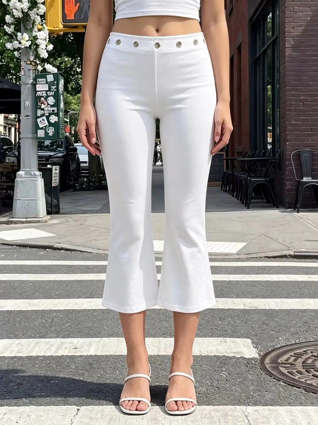 Womens Summer Cropped Pants Mid Rise Flare Trousers Stylish Casual Leg Pants with Silver Eyelet Capris