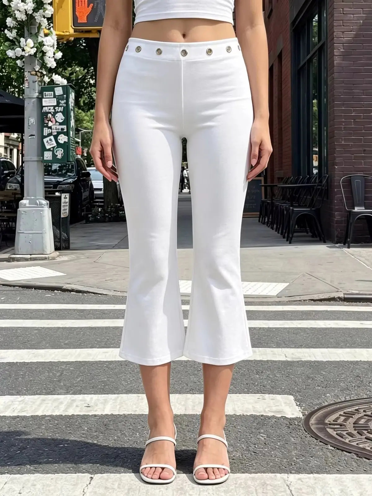 Womens Summer Cropped Pants Mid Rise Flare Trousers Stylish Casual Leg Pants with Silver Eyelet Capris