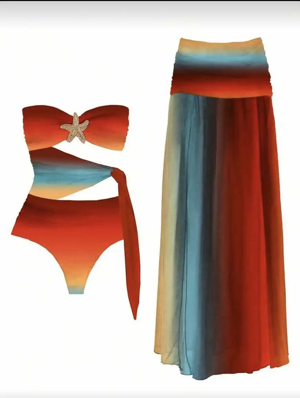 Vintage Blue Gradient Swimwear Pleate Long Skirt Bikini Set 2026 Women Bandeau Metal Starfish Bathing Suit One Piece Swimsuit