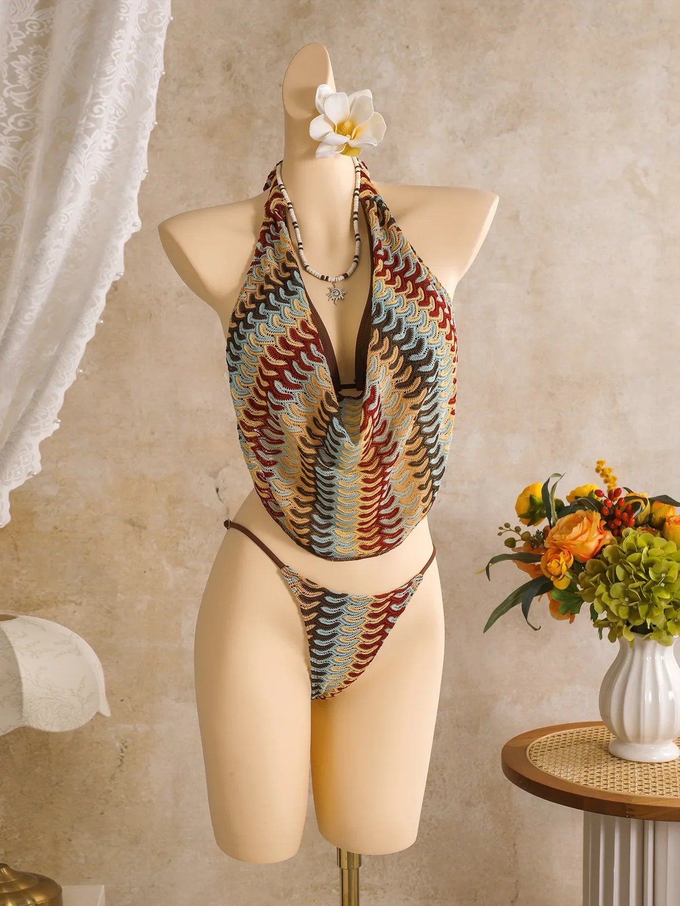 Bohemia Style Coffee Striped Bikini Set 2026 Women Cover Up+Long Skirt 4 Piece Swimsuit Summer Holiday Bathing Suit Swimwear