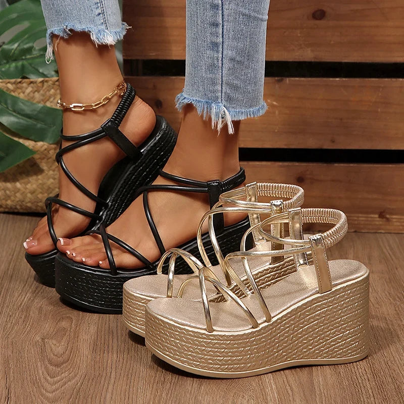 2026 New Chunky Platform Gladiator Sandals Women Gold Elastic Band Wedge High Heel Sandals Woman Plus Size 43 Summer Sandles