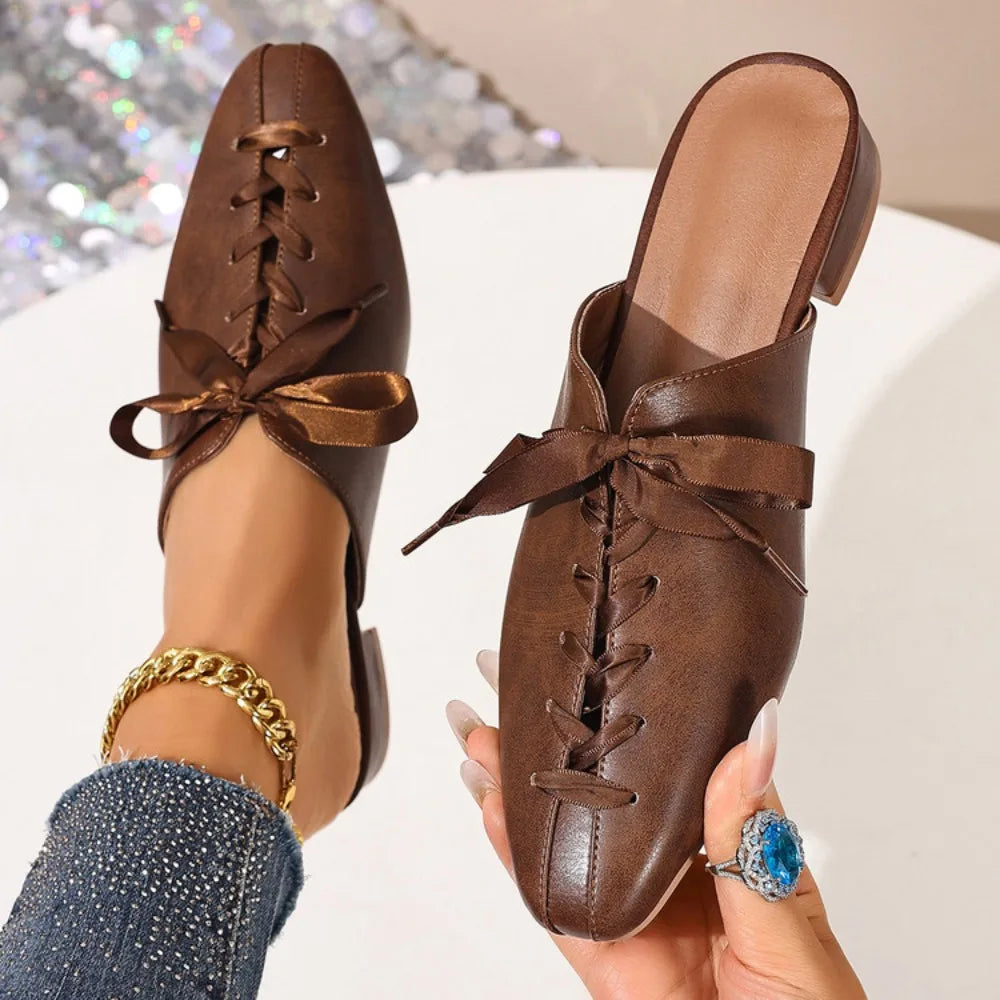 2026 New Retro Summer Brown Women's Slippers Thick Low Heels Square Head Lace Up Ladies Comfortable Outdoor Beach Sliders 35-45