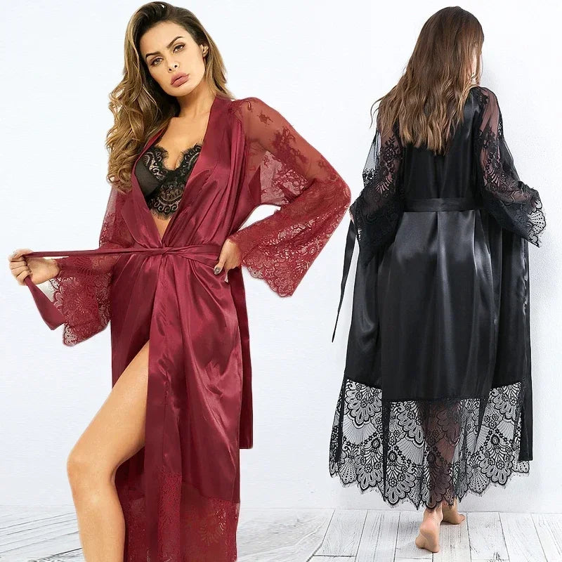 Sleepwear Women's Bathrobe Sexy Lingerie Lace Satin Kimono Sleep Long Dress Robes Pajamas Nightgown