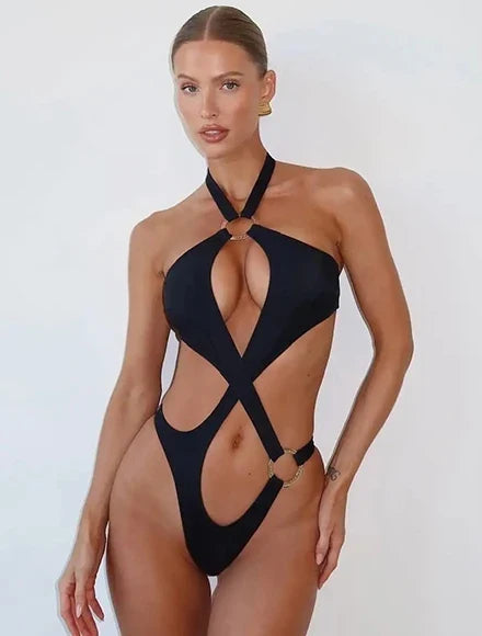 2026 New Arrival Chic Black Structured Swimsuit Deep V-Neck Cut-Out Design Perfect for Beach Wear Pool Parties Summer Beachwear