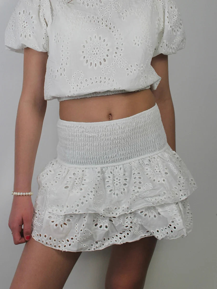 Shirred Mini Skirt A-Line Pointelle High Waist Layered Ruffle Skirt for Women 2024 Summer Solid Color Sweet Skirts