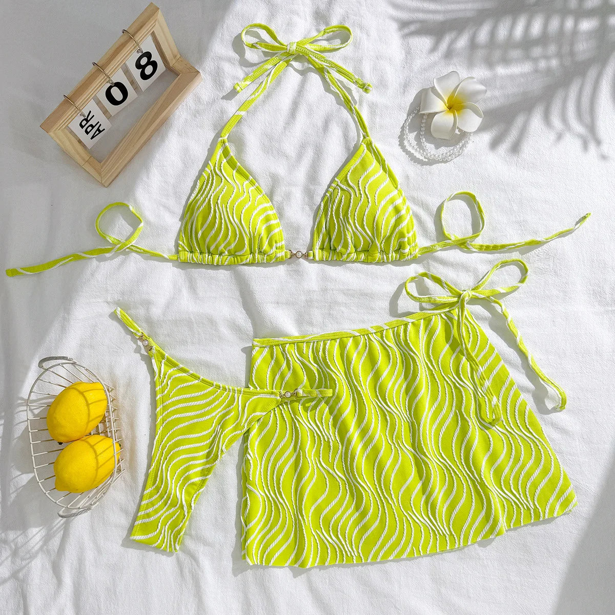 sexy wave halter tie bikinis sets 3pcs with tie mini skirt thong swimsuits swimwear bathing suit beach outfits biquini tankini