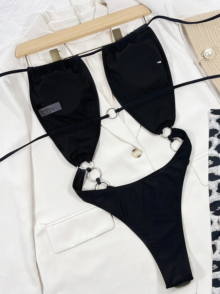 Sexy Halter Metal Rings Tummy Cut Out Female Swimwear One Piece Swimsuit Women High Cut Monokini Backless Bathing Suit Swim Lady