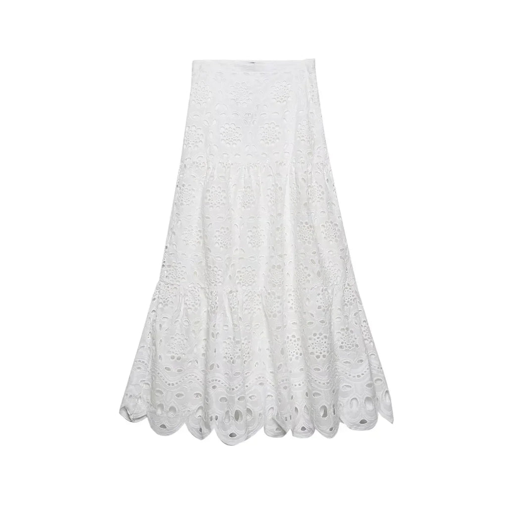 Spring Women Summer White Lace Dress Set Hollow Out Embroidery Shirt Skirt 2 Pcs Robe Outfits Single Breasting Cotton Maxi Dress