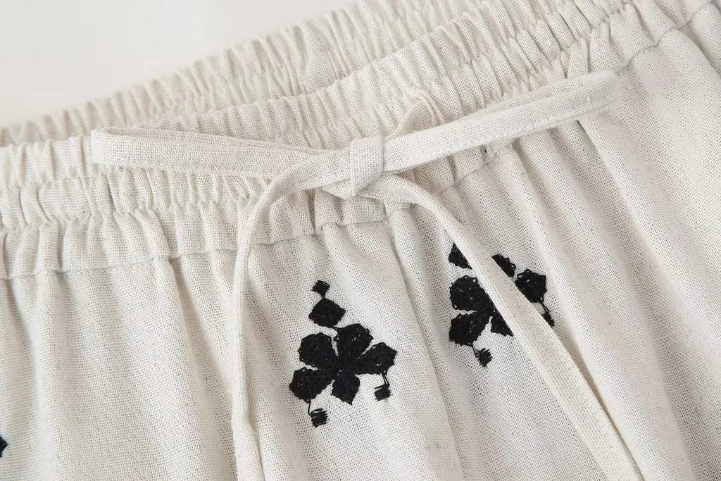 Foridol Geometric Pattern Embroidery Long Pants Women Wide Leg Beige Casual Summer Pants Elastic Waist Drawstring Pants 2025